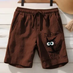 New OUKU Men's Cat Letter Printed Funny Shorts Summer Shorts Beach Shorts Mid Waist Hawaiian Casual Outdoor Holiday Going out Drawstring Elastic Waist Print Designer Clothing Apparel