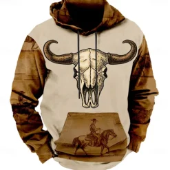 Online OUKU Men's Cattle Skulls Hoodies Sweatshirt Fashion Daily Long Sleeve Crew Neck Holiday Going out Streetwear Drawstring Fall Winter Designer Brown
