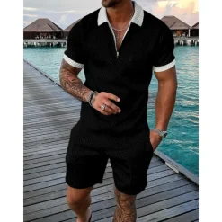 Outlet OUKU Men's Character Polo Shirt Shirt Suits Short Sleeves Shirt V Neck Men's leisure suit Outdoor Work 3D Print Black-White Black Navy Blue Gray Light Blue Zipper Braided Clothing Apparel Casual