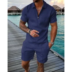 Outlet OUKU Men's Character Polo Shirt Shirt Suits Short Sleeves Shirt V Neck Men's leisure suit Outdoor Work 3D Print Black-White Black Navy Blue Gray Light Blue Zipper Braided Clothing Apparel Casual