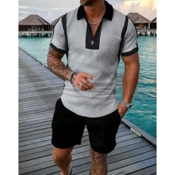 Outlet OUKU Men's Character Polo Shirt Shirt Suits Short Sleeves Shirt V Neck Men's leisure suit Outdoor Work 3D Print Black-White Black Navy Blue Gray Light Blue Zipper Braided Clothing Apparel Casual