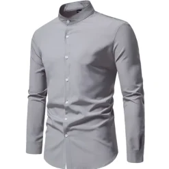 New OUKU Men's Chinese Collar Shirt Mandarin Collar Shirt Casual Shirt Button Up Shirt Black Pink Red Blue Dark Green Long Sleeve Plain Grandad Collar Band Collar Outdoor Street Clothing Apparel Polyester