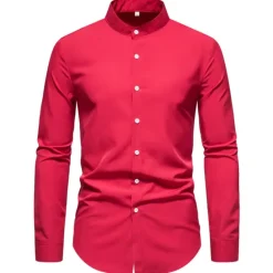 New OUKU Men's Chinese Collar Shirt Mandarin Collar Shirt Casual Shirt Button Up Shirt Black Pink Red Blue Dark Green Long Sleeve Plain Grandad Collar Band Collar Outdoor Street Clothing Apparel Polyester