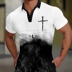 Discount OUKU Men's Christian Golf Shirt Short Sleeve Polo Shirts Collared Shirts Vacation Wear Party Outfits Buttons 3D Print Summer Black
