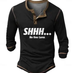 Sale OUKU Men's Christmas Solid Color Letter SHHH... No One Cares Henley Shirt Long Sleeve 3D Printing Daily Simple Funny Christmas Party Street Winter Spring & Fall Black Navy Blue Henley Henley T-Shirt