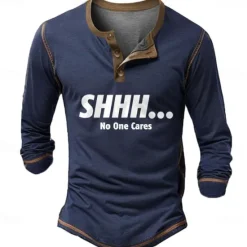 Sale OUKU Men's Christmas Solid Color Letter SHHH... No One Cares Henley Shirt Long Sleeve 3D Printing Daily Simple Funny Christmas Party Street Winter Spring & Fall Black Navy Blue Henley Henley T-Shirt