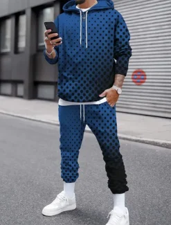 Discount OUKU Men's Circle Geometrical 2pcs 3D Sweatshirt Sets Tracksuit Hoodie Sweatshirt Long Sleeve Long pants Hooded Streetwear Casual Daily Athleisure Daily Wear 3D Print Spring Fall Winter White Red Blue