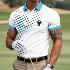 Online OUKU Men's Circle Golf Sports Polo Shirts Short Sleeve Polo Shirts Collared Shirts Casual Outdoor Sports Daily Wear 3D Print Summer Lake blue White Blue