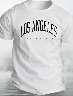 Online OUKU Men's City Los Angeles T Shirt Tee Top 100% Cotton Short Sleeve Graphic Shirt Black White Dark Grey Comfortable Tee Street Sports Outdoor Fashion Designer Clothing