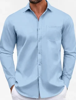 Clearance OUKU Men's Classic Casual Shirt Homecoming Standard Fit Long Sleeve Lapel Solid Color Polyester Black Sky Blue Grey 2025