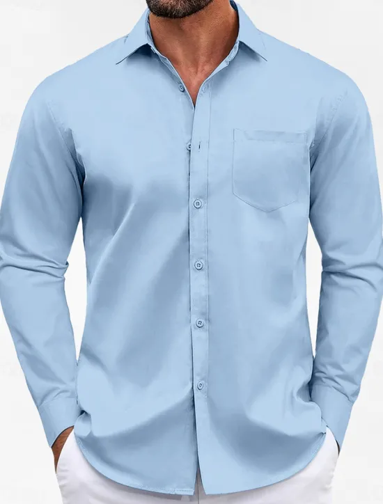 Clearance OUKU Men's Classic Casual Shirt Homecoming Standard Fit Long Sleeve Lapel Solid Color Polyester Black Sky Blue Grey 2025