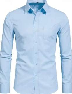 Clearance OUKU Men's Classic Casual Shirt Homecoming Standard Fit Long Sleeve Lapel Solid Color Polyester Black Sky Blue Grey 2025