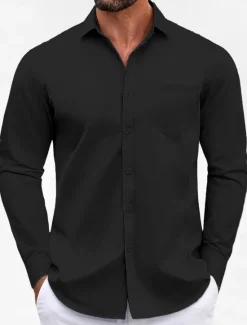Clearance OUKU Men's Classic Casual Shirt Homecoming Standard Fit Long Sleeve Lapel Solid Color Polyester Black Sky Blue Grey 2025