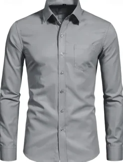 Clearance OUKU Men's Classic Casual Shirt Homecoming Standard Fit Long Sleeve Lapel Solid Color Polyester Black Sky Blue Grey 2025