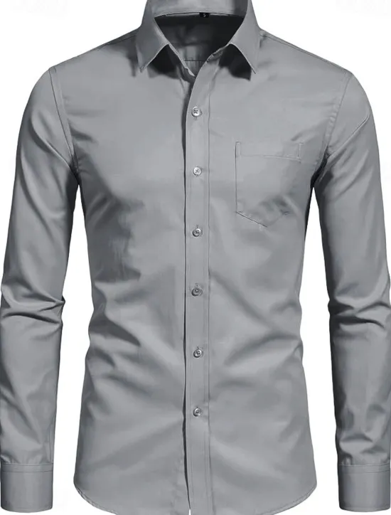 Clearance OUKU Men's Classic Casual Shirt Homecoming Standard Fit Long Sleeve Lapel Solid Color Polyester Black Sky Blue Grey 2025