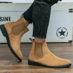 Best OUKU Men's Classic Tan Suede Chelsea Boots with Elastic Panels - Comfortable Slip-On Ankle Boots for Casual and Formal Occasions