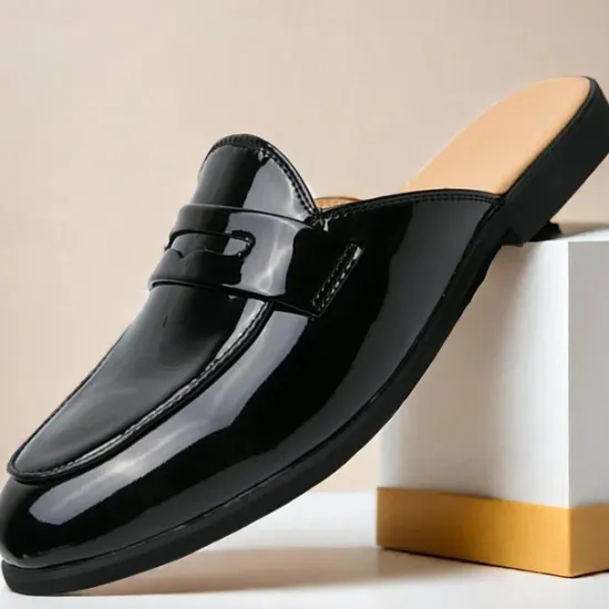 Outlet OUKU Men's Classic White Faux Leather Mule Loafers - Sleek Slip-On Shoes for Business Casual and Formal Events