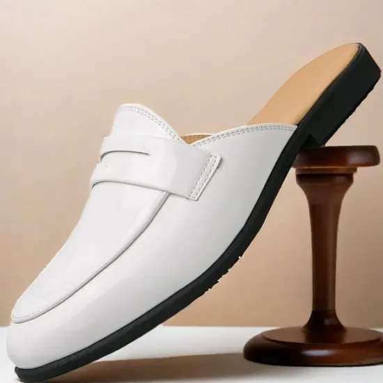 Outlet OUKU Men's Classic White Faux Leather Mule Loafers - Sleek Slip-On Shoes for Business Casual and Formal Events