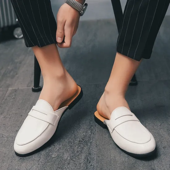 Outlet OUKU Men's Classic White Faux Leather Mule Loafers - Sleek Slip-On Shoes for Business Casual and Formal Events