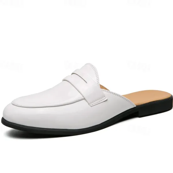 Outlet OUKU Men's Classic White Faux Leather Mule Loafers - Sleek Slip-On Shoes for Business Casual and Formal Events