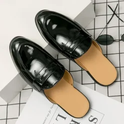 Outlet OUKU Men's Classic White Faux Leather Mule Loafers - Sleek Slip-On Shoes for Business Casual and Formal Events