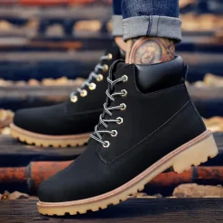 Best OUKU Men's Classic Yellow Work Boots – Durable Lace-Up Ankle Boots with Cushioned Collar and Rugged Sole