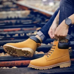 Best OUKU Men's Classic Yellow Work Boots – Durable Lace-Up Ankle Boots with Cushioned Collar and Rugged Sole