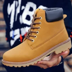 Best OUKU Men's Classic Yellow Work Boots – Durable Lace-Up Ankle Boots with Cushioned Collar and Rugged Sole