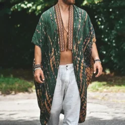 Discount OUKU Men's Cloak / Capes Vacation Daily Breathability Print Summer Pattern Fashion Casual Long Blue Green Jacket