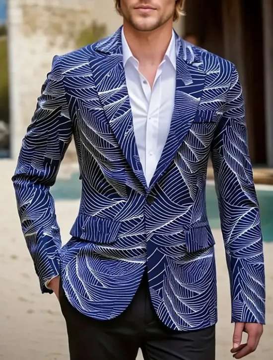 New OUKU Men's Coat Blazer Business Casual Daily British All Seasons 100% Polyester Graphic 3D Print Buttons Comfortable Single Breasted Blazer Black White Blue