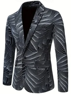 New OUKU Men's Coat Blazer Business Casual Daily British All Seasons 100% Polyester Graphic 3D Print Buttons Comfortable Single Breasted Blazer Black White Blue
