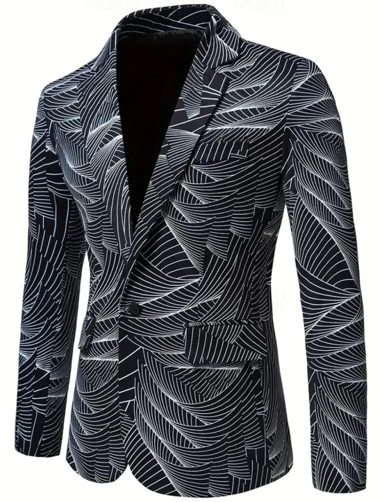 New OUKU Men's Coat Blazer Business Casual Daily British All Seasons 100% Polyester Graphic 3D Print Buttons Comfortable Single Breasted Blazer Black White Blue