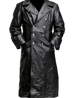 Discount OUKU Men's Coat Faux Trench Leather Duster Coat german classic officer military uniform black trench coat