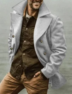 Outlet OUKU Men's Coat Trench Coat Daily Vacation Fall & Winter Polyester Soft Outerwear Clothing Apparel Fashion Classic Plain Pocket Turndown Double Breasted