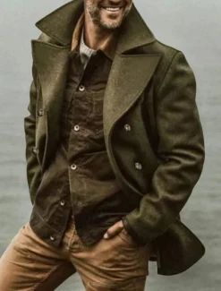 Outlet OUKU Men's Coat Trench Coat Daily Vacation Fall & Winter Polyester Soft Outerwear Clothing Apparel Fashion Classic Plain Pocket Turndown Double Breasted