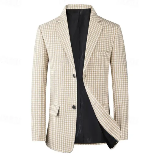 Sale OUKU Men's Cocktail Attire Blazer Business Formal Evening Wedding Party Fashion Casual Spring & Fall Polyester Plaid / Check Geometic Pocket Buttons Casual / Daily Single Breasted Blazer White Camel