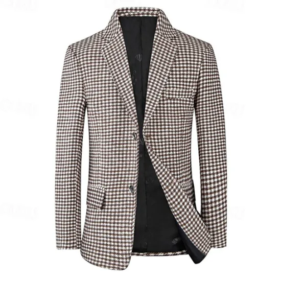 Sale OUKU Men's Cocktail Attire Blazer Business Formal Evening Wedding Party Fashion Casual Spring & Fall Polyester Plaid / Check Geometic Pocket Buttons Casual / Daily Single Breasted Blazer White Camel
