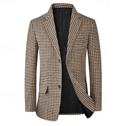 Sale OUKU Men's Cocktail Attire Blazer Business Formal Evening Wedding Party Fashion Casual Spring & Fall Polyester Plaid / Check Geometic Pocket Buttons Casual / Daily Single Breasted Blazer White Camel