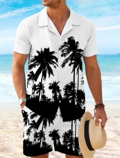 Online OUKU Men's Coconut Palm 2pcs Shirts Sets Shirt Short Sleeve Short Pants Cuban Collar Vacation Hawaiian Party Casual Daily 3D Print Summer Robin's Egg Blue White Yellow