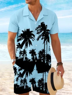 Online OUKU Men's Coconut Palm 2pcs Shirts Sets Shirt Short Sleeve Short Pants Cuban Collar Vacation Hawaiian Party Casual Daily 3D Print Summer Robin's Egg Blue White Yellow