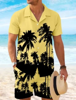 Online OUKU Men's Coconut Palm 2pcs Shirts Sets Shirt Short Sleeve Short Pants Cuban Collar Vacation Hawaiian Party Casual Daily 3D Print Summer Robin's Egg Blue White Yellow