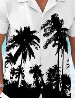 Online OUKU Men's Coconut Palm 2pcs Shirts Sets Shirt Short Sleeve Short Pants Cuban Collar Vacation Hawaiian Party Casual Daily 3D Print Summer Robin's Egg Blue White Yellow