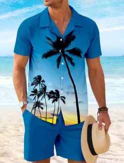 Online OUKU Men's Coconut Palm 2pcs Shirts Sets Shirt Short Sleeve Short Pants Cuban Collar Vacation Hawaiian Party Casual Daily 3D Print Summer Robin's Egg Blue Green