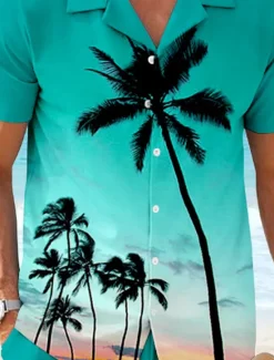 Online OUKU Men's Coconut Palm 2pcs Shirts Sets Shirt Short Sleeve Short Pants Cuban Collar Vacation Hawaiian Party Casual Daily 3D Print Summer Robin's Egg Blue Green