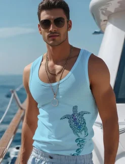 Best OUKU Men's Coconut Palm T Shirt Vest Top Sleeveless T shirt 3D Print Crew Neck Shirt Vacation Casual Hawaiian Holiday Light Blue White Summer Spring Clothing Apparel S M L XL XXL XXXL