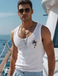 Discount OUKU Men's Coconut Palm T Shirt Vest Top Sleeveless T shirt 3D Print Crew Neck Shirt Vacation Casual Hawaiian Holiday Light Blue Black White Summer Spring Clothing Apparel S M L XL XXL XXXL