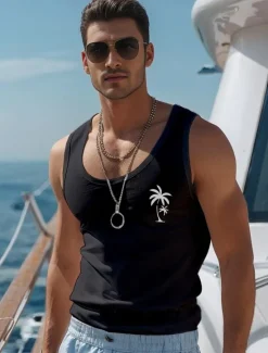 Discount OUKU Men's Coconut Palm T Shirt Vest Top Sleeveless T shirt 3D Print Crew Neck Shirt Vacation Casual Hawaiian Holiday Light Blue Black White Summer Spring Clothing Apparel S M L XL XXL XXXL