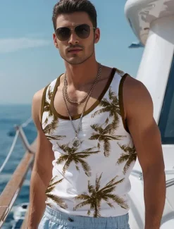 Discount OUKU Men's Coconut Palm T Shirt Vest Top Sleeveless T shirt 3D Print Crew Neck Shirt Vacation Casual Hawaiian Holiday Black Yellow Blue Summer Spring Clothing Apparel S M L XL XXL XXXL