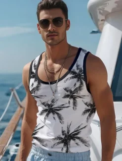 Discount OUKU Men's Coconut Palm T Shirt Vest Top Sleeveless T shirt 3D Print Crew Neck Shirt Vacation Casual Hawaiian Holiday Black Yellow Blue Summer Spring Clothing Apparel S M L XL XXL XXXL