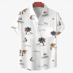 Best OUKU Men's Coconut Palm Tropical Plants Shirt Summer Hawaiian Shirt Button Up Shirt Short Sleeve Hawaiian Vacation Holiday Beach Wear Summer Spring Turndown 3D Print Collared Shirts Front One Pocket White